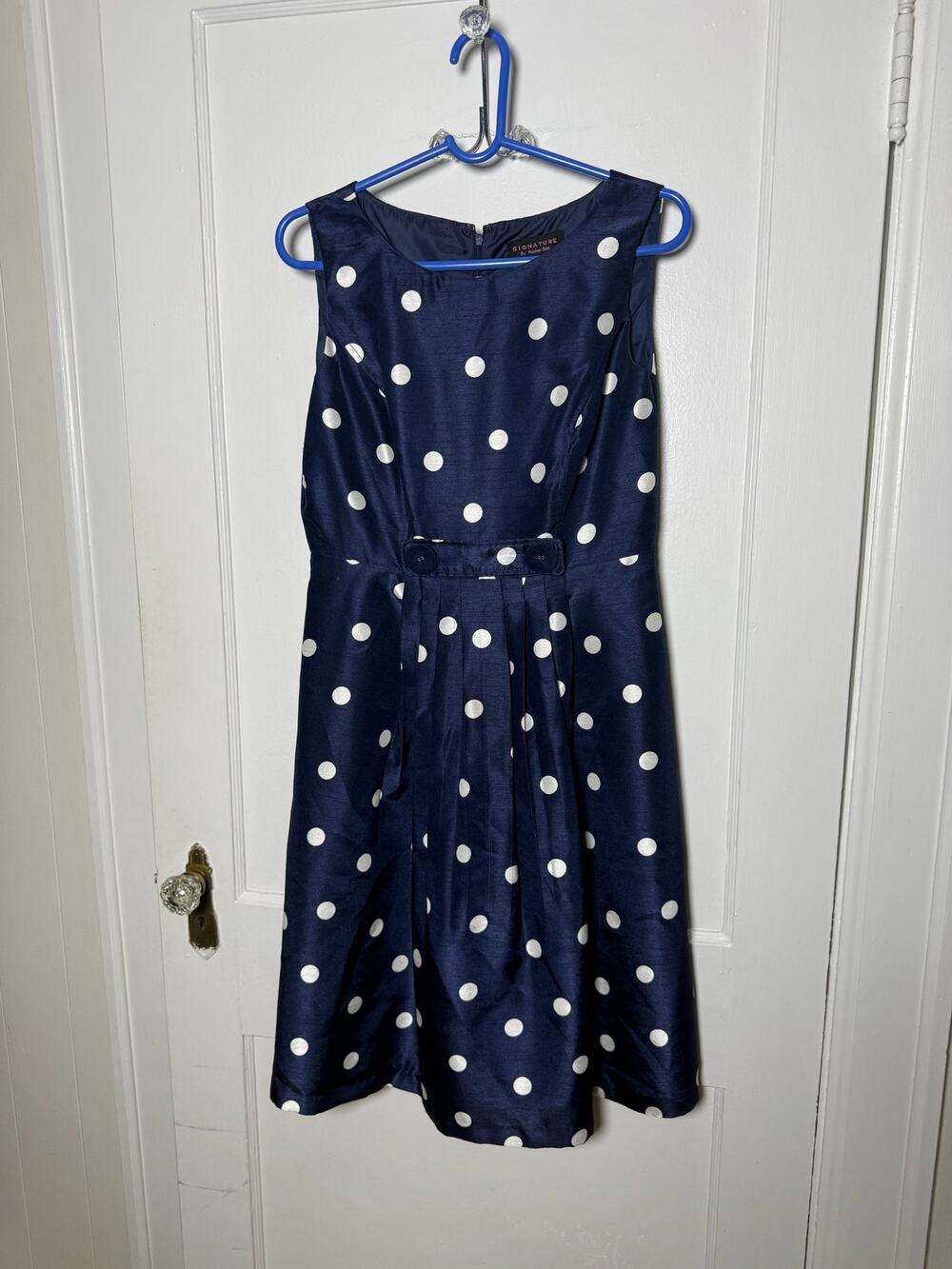 Signature Robbie Bee Dress SZ 6 Navy Polka Dot Twee Retro Fit Flare Knee Length
